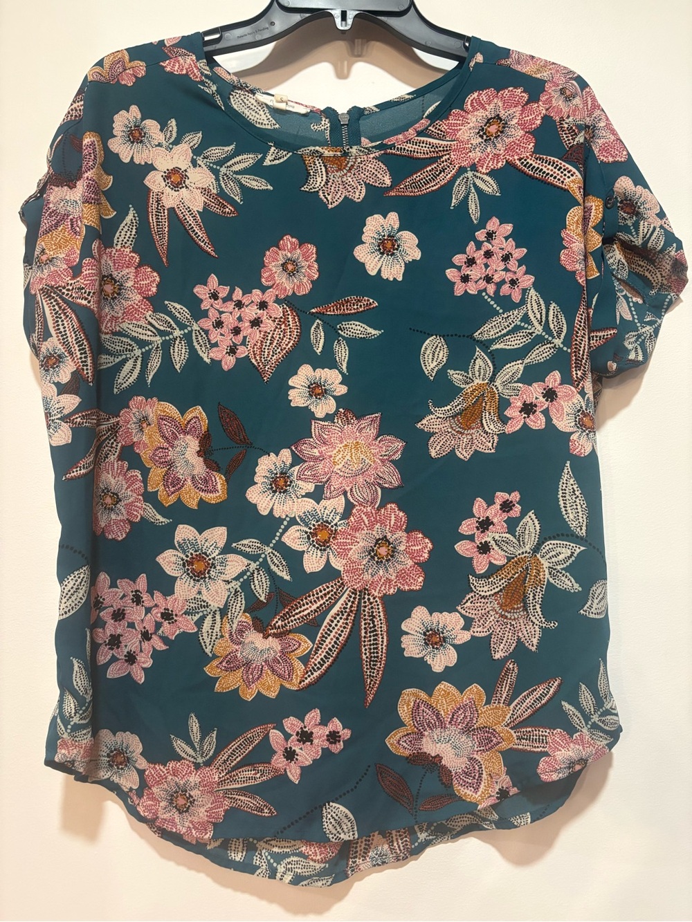 Maurices Teal Floral Short Sleeve Blouse with Pink & Yellow Blooms